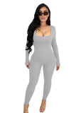Solid Color Square Collar Backless Yoga Fitness Jumpsuit