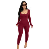 Solid Color Square Collar Backless Yoga Fitness Jumpsuit