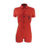 Solid Color Imitation Cotton Button Printed Letter Rompers