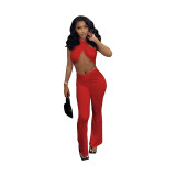 Solid Color Bandeau Backless Tops Trousers Set