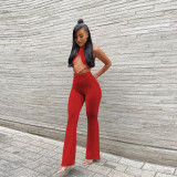 Solid Color Bandeau Backless Tops Trousers Set