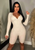 Casual V Neck Ribbed Pit Zipper Long Sleeve Jumpsuit