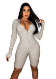 Casual V Neck Ribbed Pit Zipper Long Sleeve Jumpsuit