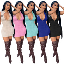 Casual Pit Zipper Sleeveless Printed Bodycon Dresses