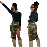 Women's Zipper Camouflage Slit Skirts with Pocket
