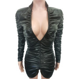 Solid Color Elastic Wrinkled High Neck PU Leather Rompers