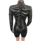 Solid Color Elastic Wrinkled High Neck PU Leather Rompers