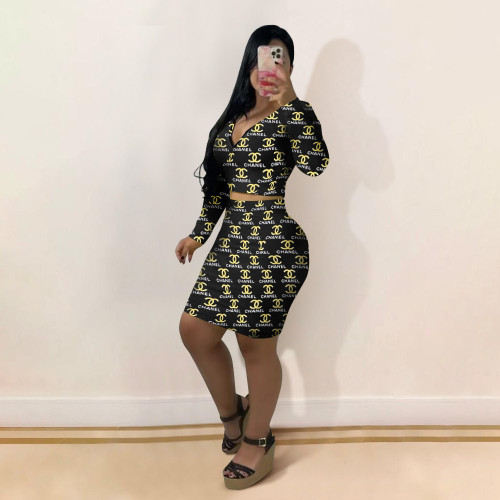 Casual Long Sleeve Printed Letters 2 Piece Skirts Set