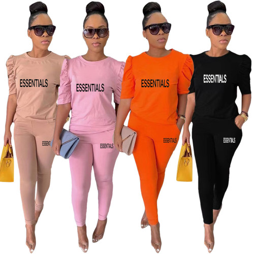 Casual Half Sleeves Printed Letter Pant Set with Pockets