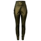 Solid Color High Waist High Elastic Leather Pencil Pants