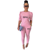 Casual Half Sleeves Printed Letter Pant Set with Pockets