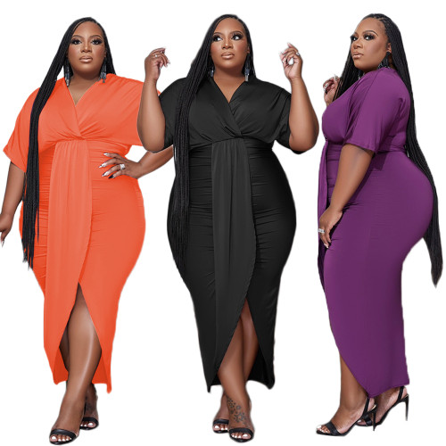 Women's Sexy Plus Size Ruched Bodyocn Dress Casual Long Sleeve Latern Belted Maxi Dress