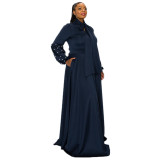 Plus Size Solid Beaded Tie Neck Ruffle Sleeve Formal Maxi Dress With Pocket