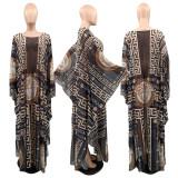 Women Long  Sleeve Mesh Party Beach Cover UP Dress Vintage Casual Floral Printed Maxi Long Sundress
