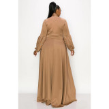 Plus Size Solid Beaded Tie Neck Ruffle Sleeve Formal Maxi Dress With Pocket