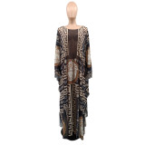 Women Long  Sleeve Mesh Party Beach Cover UP Dress Vintage Casual Floral Printed Maxi Long Sundress