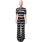 Casual Striped Print Pit Cropped Top and Wide-leg Pants