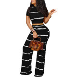 Casual Striped Print Pit Cropped Top and Wide-leg Pants