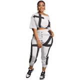 Spring Summer Sports Slanted Shoulders Printed Crop Top & Cropped Trousers Two Pieces