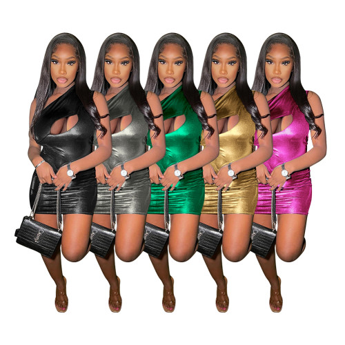 Sexy Imitation Leather Bronzing Sleeveless Single Shoulder Hollow Bodycon Dresses