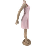 Casual Ribbed Pit Vest Ladies Mini Pleated Dress