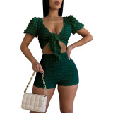 Popcorn Fabric Lace Up V Neck Crop Top Two Piece Short Set