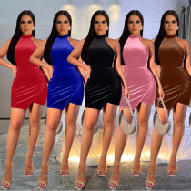 Fashion Korean Velvet Solid Color Halter Backless Bodycon Dress