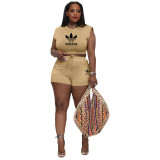 Solid Color Shoulder Pad Plus Size Sleeveless Printed Two Pieces