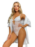 Floral Lace Teddy Bodysuit With Satin Belted Robe