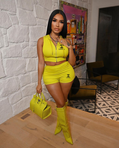Fashion Print Hoodie Two Piece Casual Sleeveless Short Set