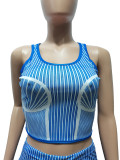 Fashion Striped Print Sleeveless Sports Crop Top and Shorts