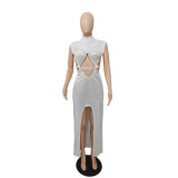 White Sexy Solid Bandage Hollowed Out Turtleneck Sequins Double V Cut Sexy Dress