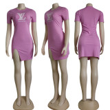 Solid Color Short Sleeve Printed Letter Split Bodycon Dresses