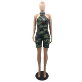 Trendy Sleeveless Camouflage Print Zipper Vest Playsuit