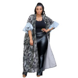 Gray Casual Patchwork Camouflage Print Flounce Printed Contrast Cardigan Collar Outerwear