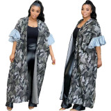 Gray Casual Patchwork Camouflage Print Flounce Printed Contrast Cardigan Collar Outerwear