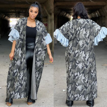 Gray Casual Patchwork Camouflage Print Flounce Printed Contrast Cardigan Collar Outerwear