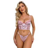 Sexy Women Deep V Neck Hollow Out Lace Splicing Charm Waist Panty And Bra Lingerie Set