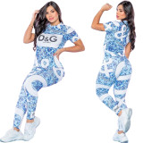 Fashion Printed Letter Short Sleeve Pant Set Two Pieces