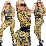 Fashion Slim Women's Printed Short Sleeve Crop Top Two Piece Set