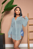 Solid Color Sexy See Through Single-breasted Lapel Slits Chiffon Shirt