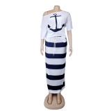Ladies Casual Sailor Top Ruffle Long Maxi Dress Striped Skirt Set Summer Sundress