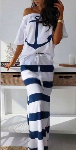 Ladies Casual Sailor Top Ruffle Long Maxi Dress Striped Skirt Set Summer Sundress