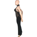 Solid Color Patchwork Mesh See Through Backless Halter Flared Trousers Jumpsuit