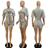 Summer PINK Letter Print Bandage Slit Fashion Sportswear Shorts Set