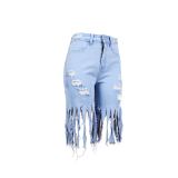 Spring Casual Solid Color Tassel Frayed Midi Jeans