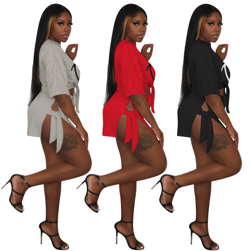Summer PINK Letter Print Bandage Slit Fashion Sportswear Shorts Set