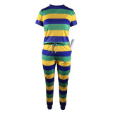 Casual Sweat-absorbing Striped Printed Round Neck Short Sleeve Trouser Set