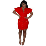Solid Color Ruffle Sleeve Turndown Collar Single-breasted Cardigan Party Dress with Pockets
