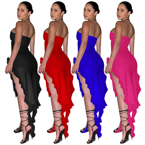 Solid Color Slits Strapless Fungus Long Skirt Stitching Bandeau Dresses